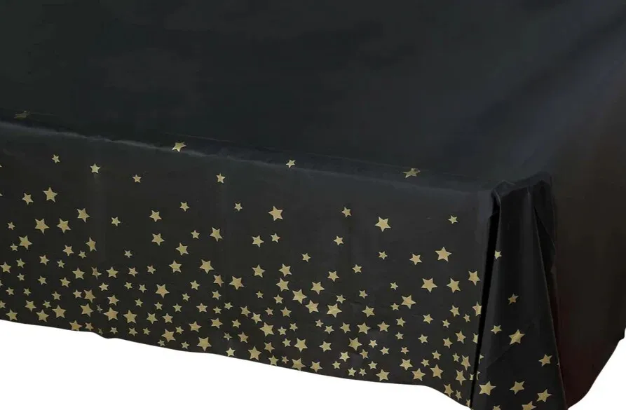 Plastic Table Covers Black Rectangle with Gold Stars - Decorative PVC Disposable Tablecloths 54"x108"