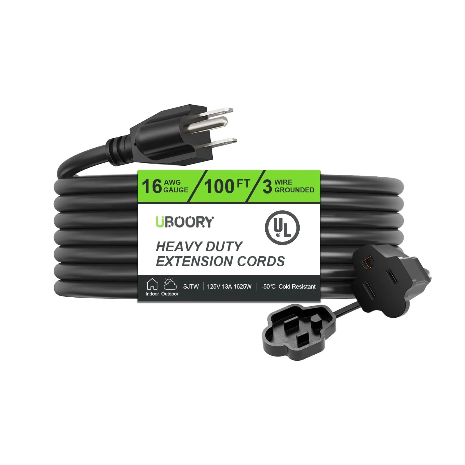 100FT Black 16/3 Gauge Outdoor Extension Cord Waterproof, 13A 1625W 