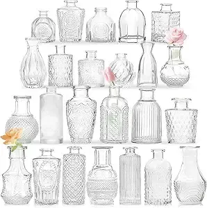 12 Pack (#1-#12) Clear Vintage Small Glass Bud Vase for Centerpieces - Flowers- size variety between 3.0"- 5 1/2" tall