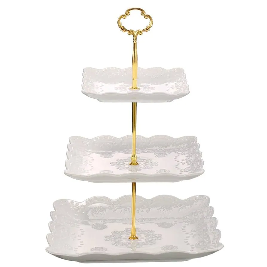 3 Tier Porcelain Cupcake Stand, White Embossed Dessert Stand 