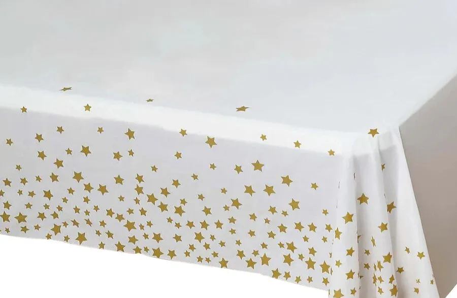 Plastic Table Covers White Rectangle with Gold Stars - Decorative PVC Disposable Tablecloths 54"x108"
