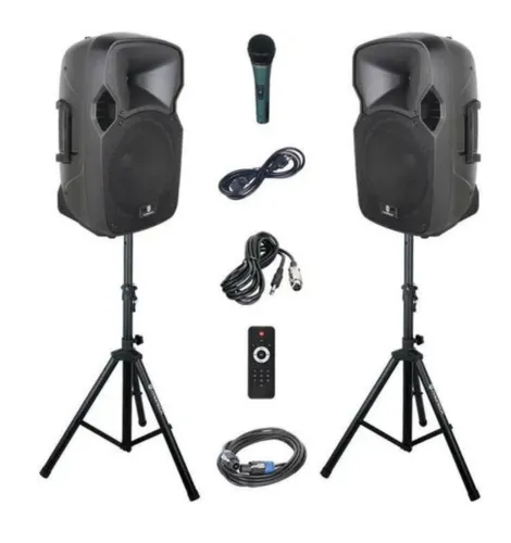 PARTY 12 1000W PA/SPEAKER SYSTEM WITH SPEAKER STANDS - Bluetooth-wired Mic