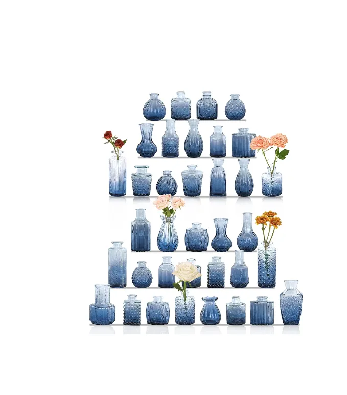 21 Pack (#16-#36) Blue Vintage Small Glass Bud Vase for Centerpieces - size variety between 3.0"- 5 1/2" tall