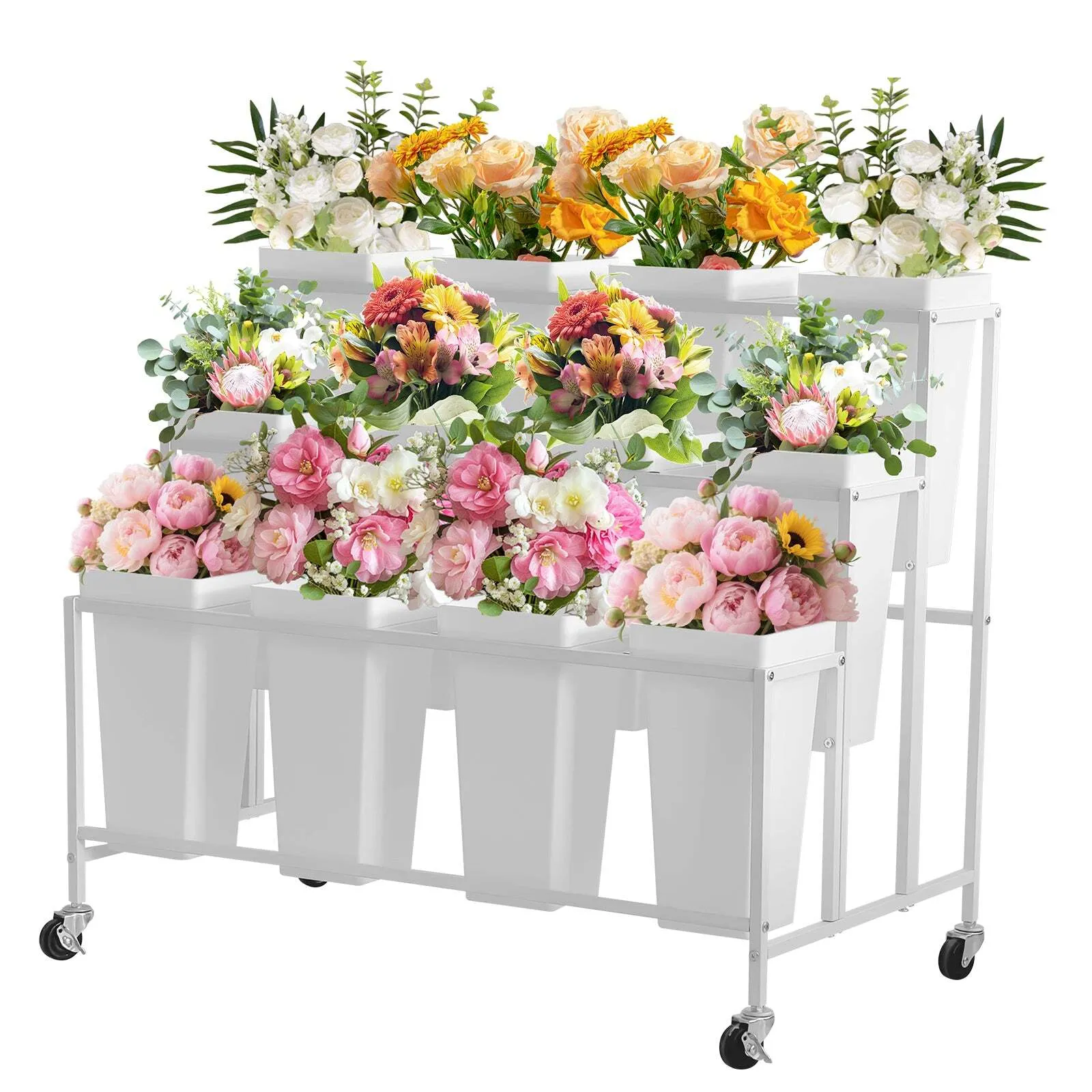 3 Tier Moving Flower Cart with 12 Buckets and Wheels, White