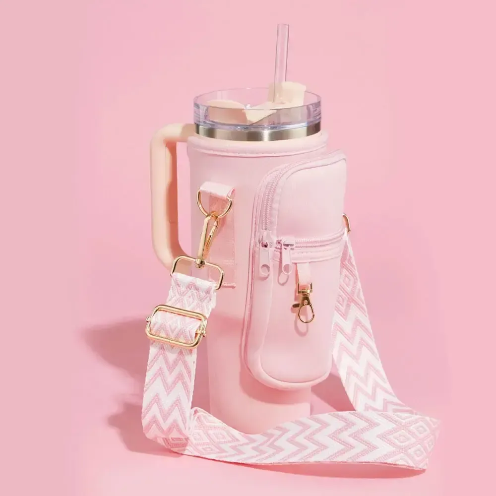Solid Tumbler Carrier Holder Geometric Pattern Strap Crossbody Bag