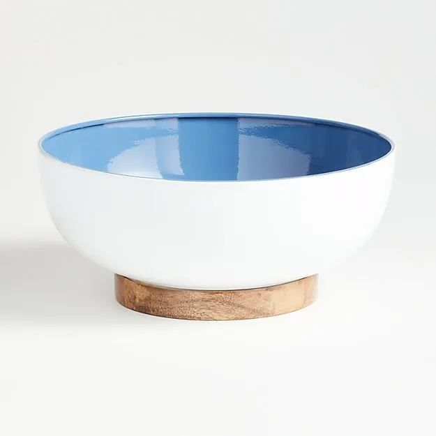 White & Blue Bowl with Wood Base