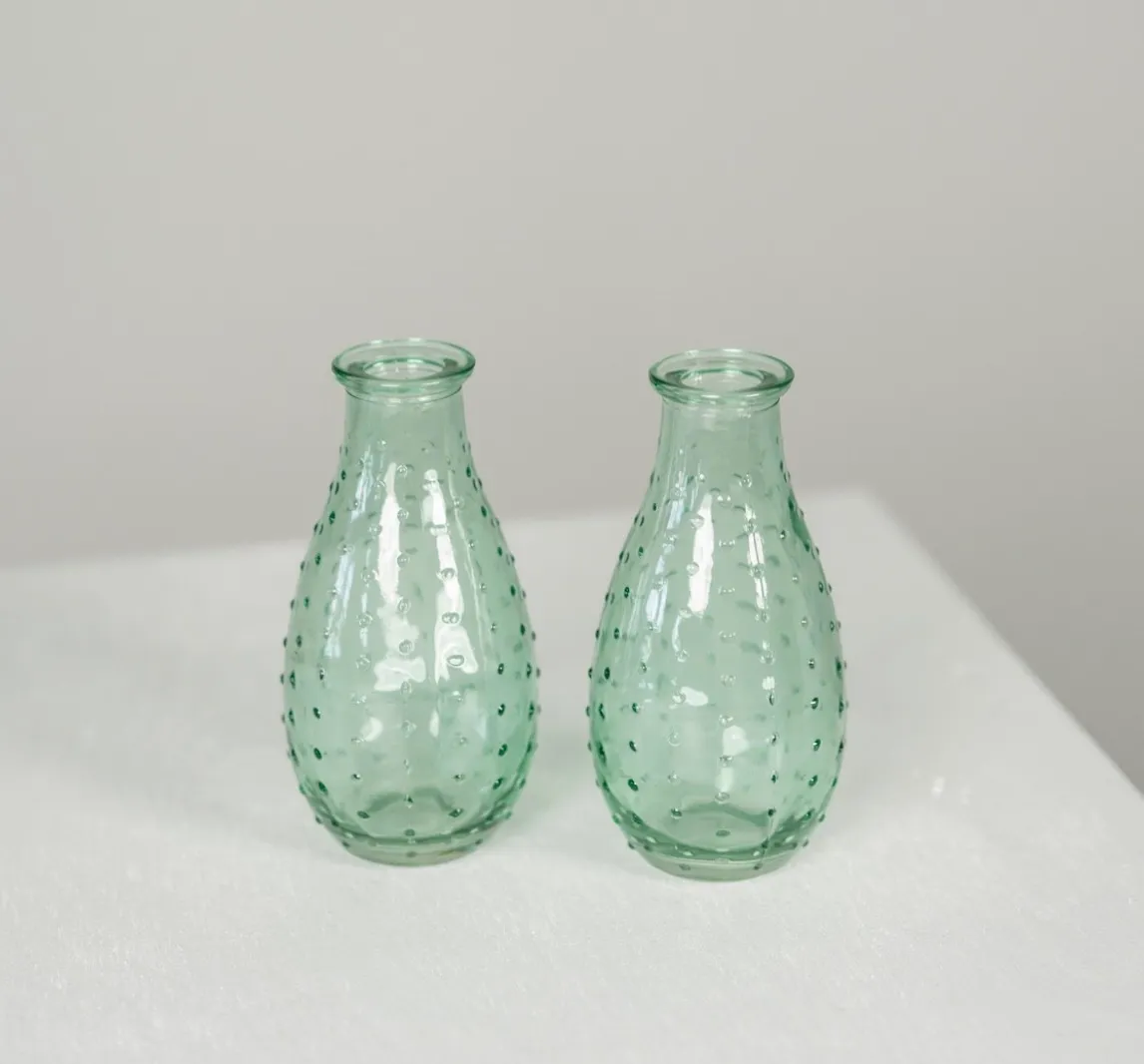 Green Glass Bud Vases w/ Polka Dot Detail