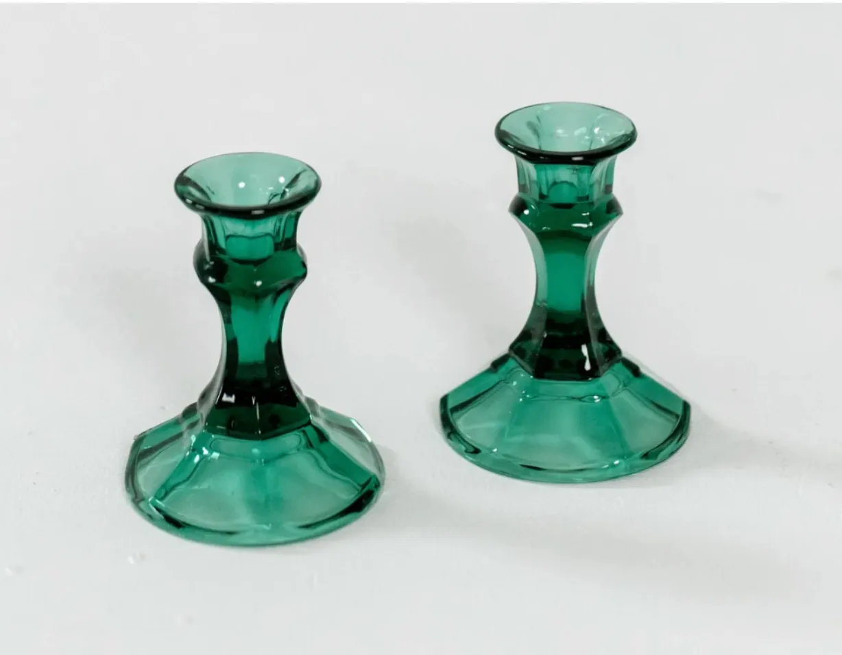 Green Glass Candle Holder (Qty:2)