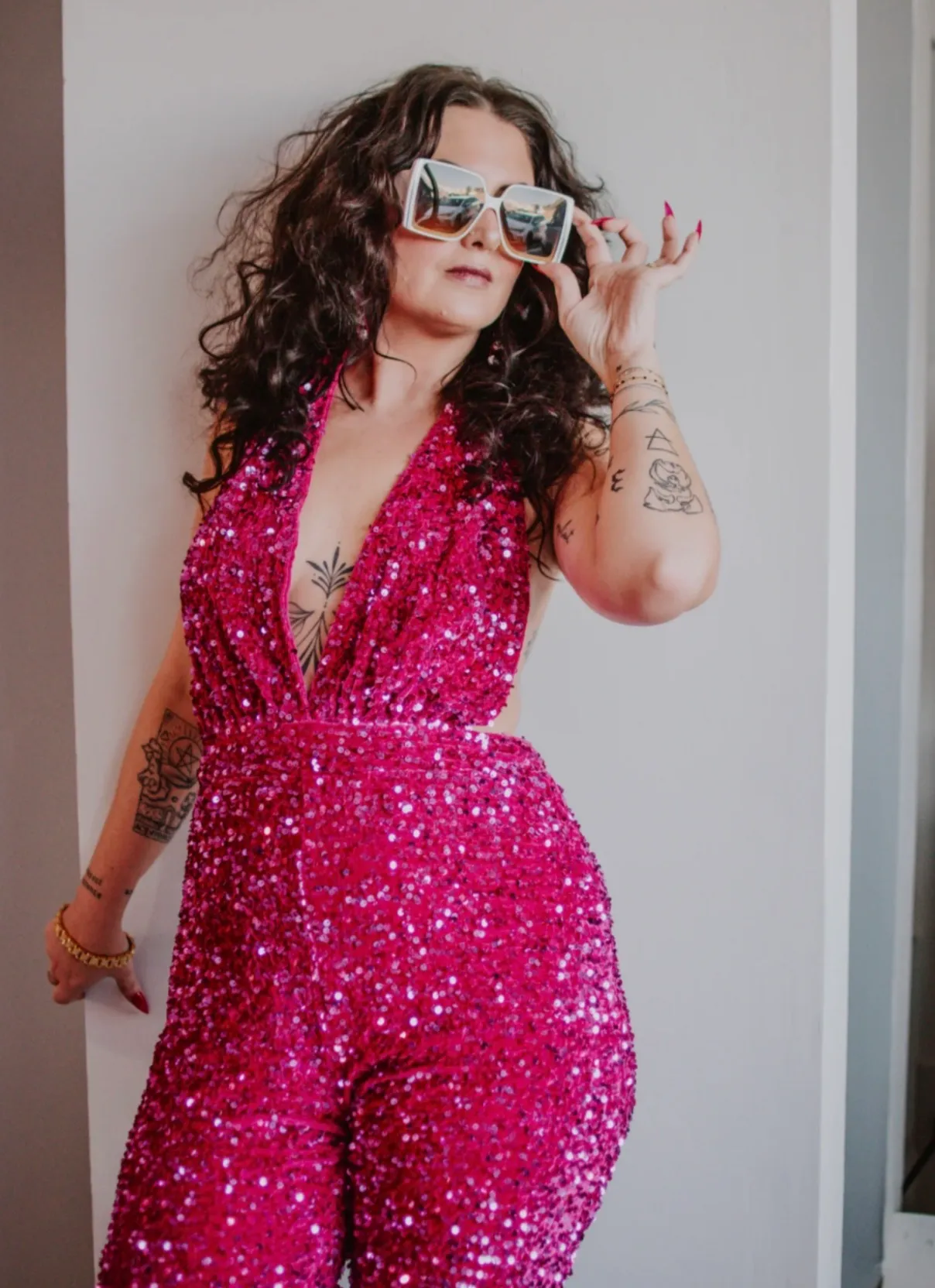 Pink Sequin Halter Top Jumber | Size XL