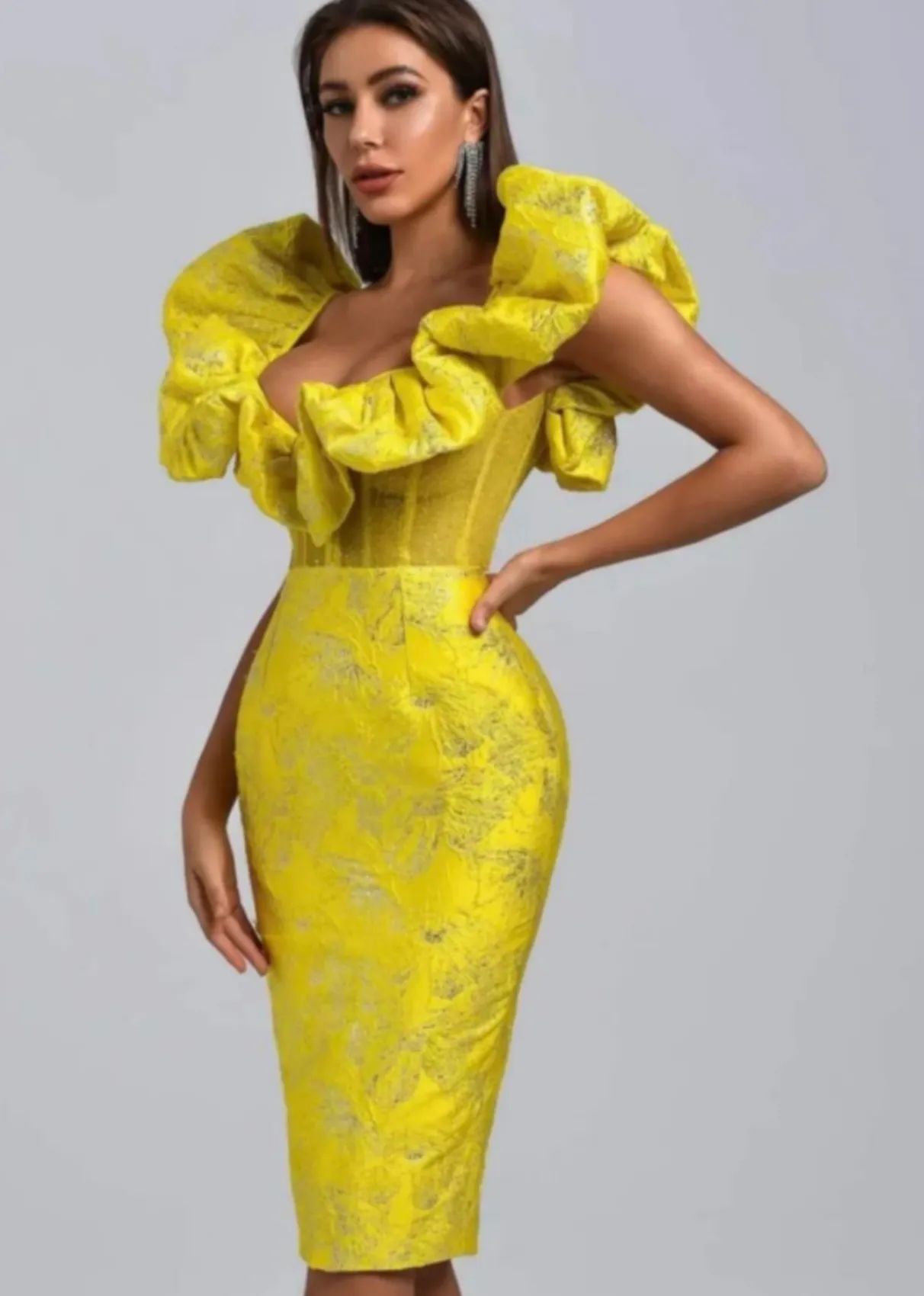 Yellow Floral Fashion Dress | Size L
