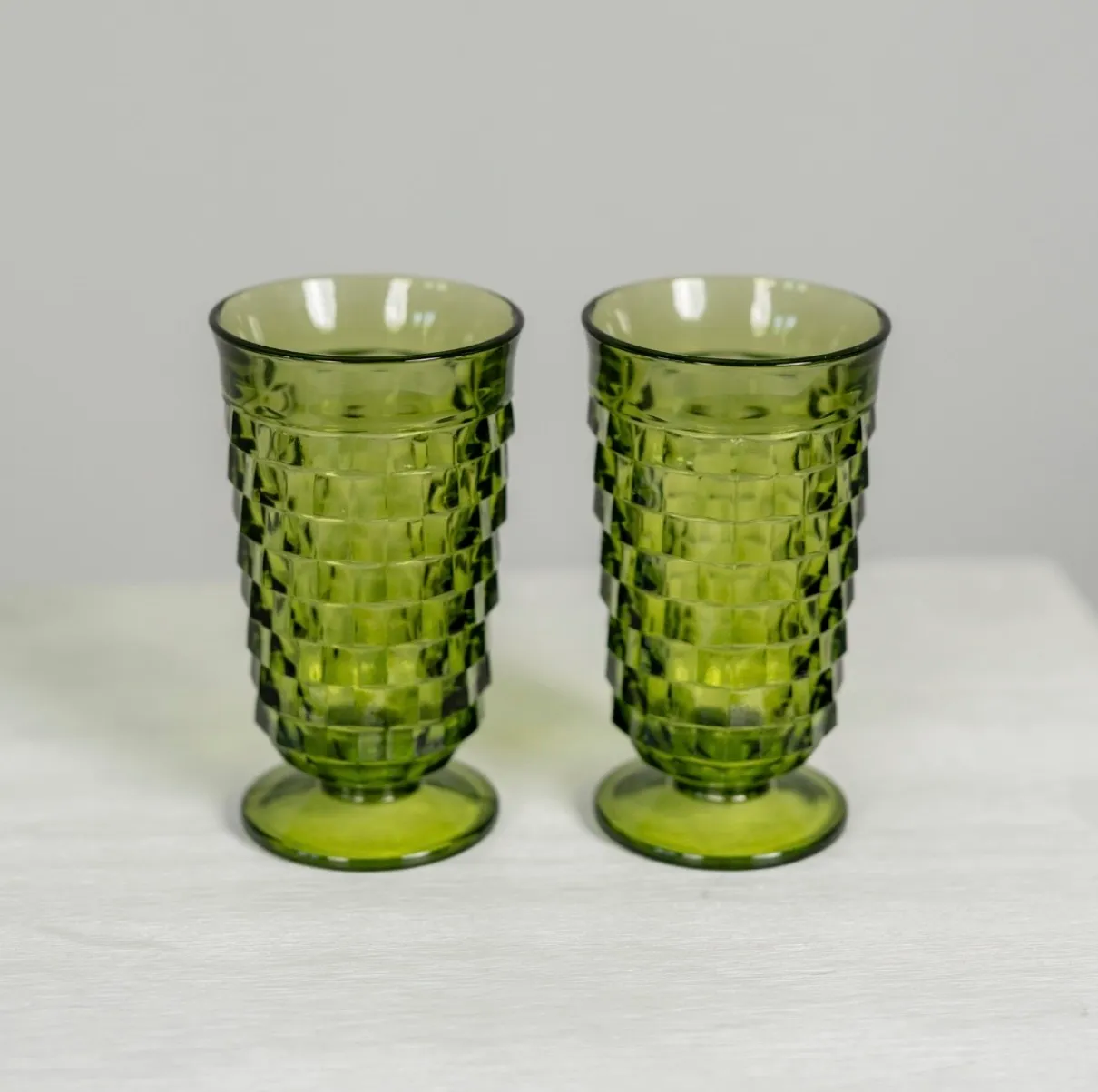 Green Vintage Glassware with Square Pattern