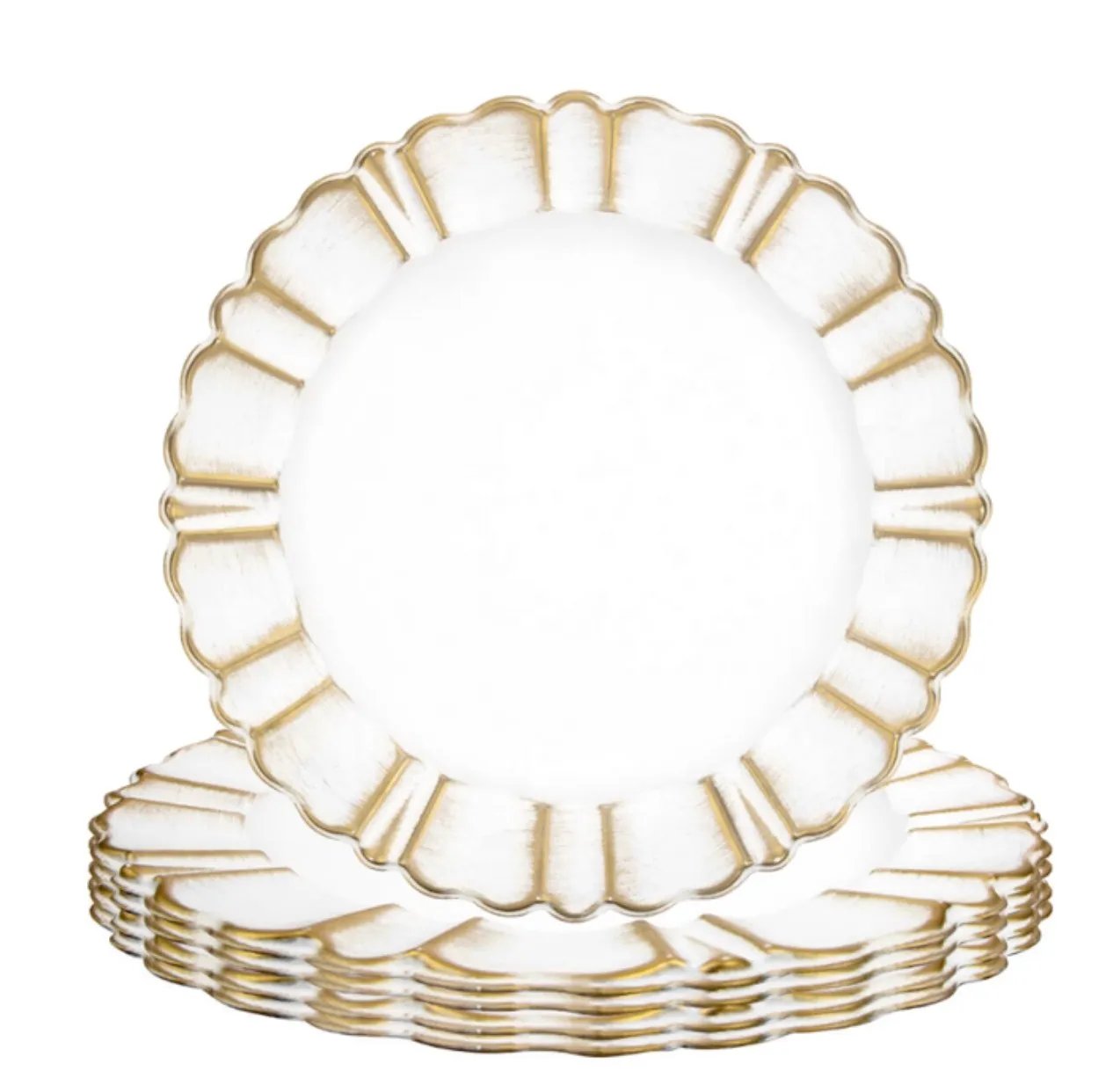 White + Gold Scallop Charger Plates (Qty. 50) 