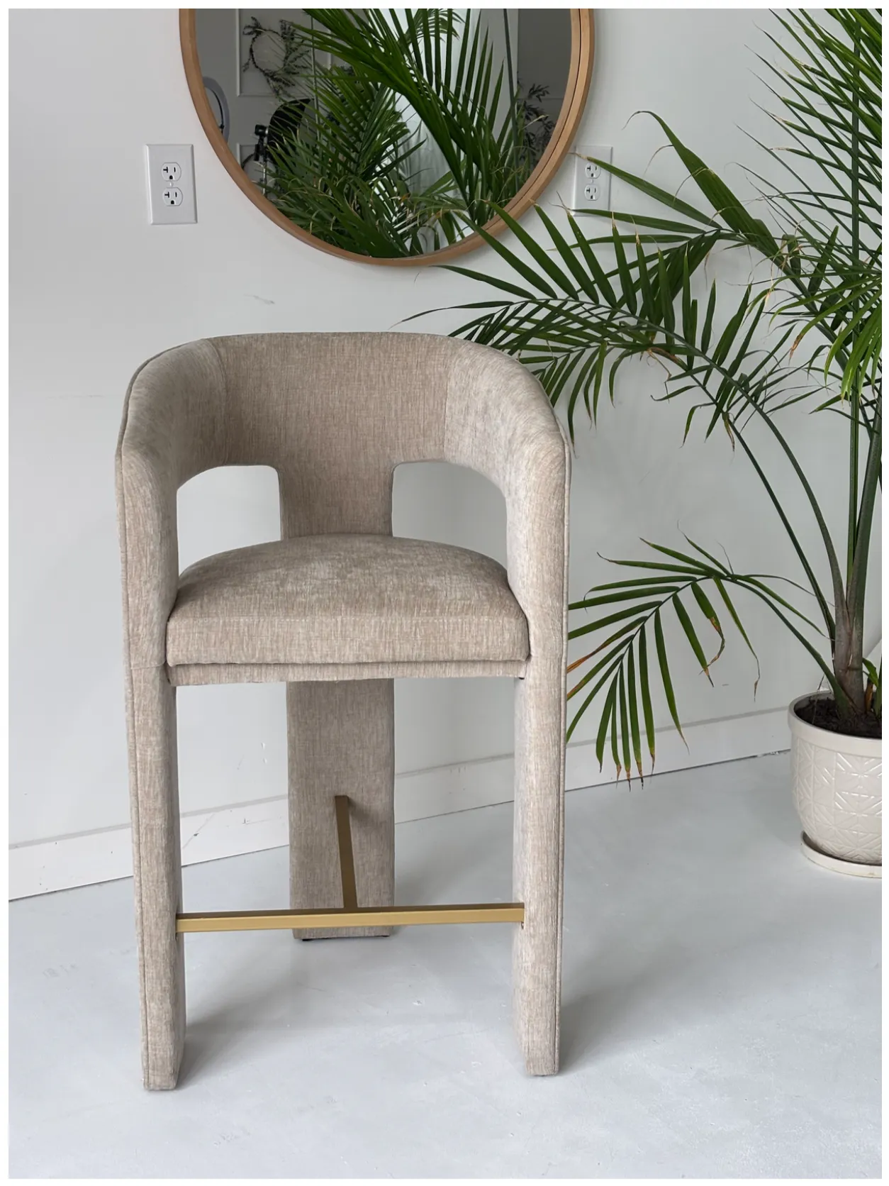 Tan Fabric Bar Stool w/ Gold Detailing