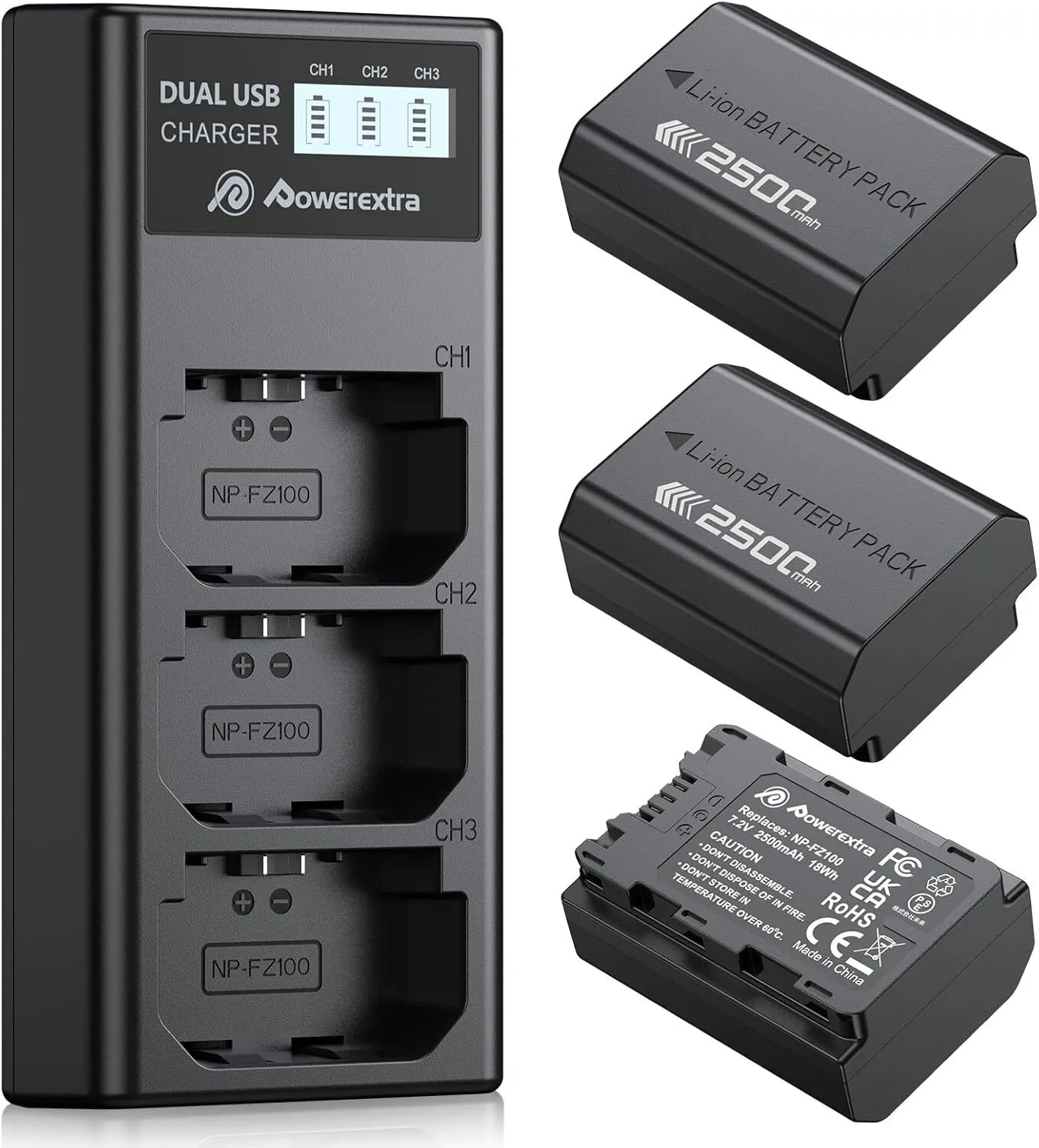 Charger for Sony NP-FZ100 (FX3) | Smart Triple Charger Type-C Powerextra FZ100 3 slots 