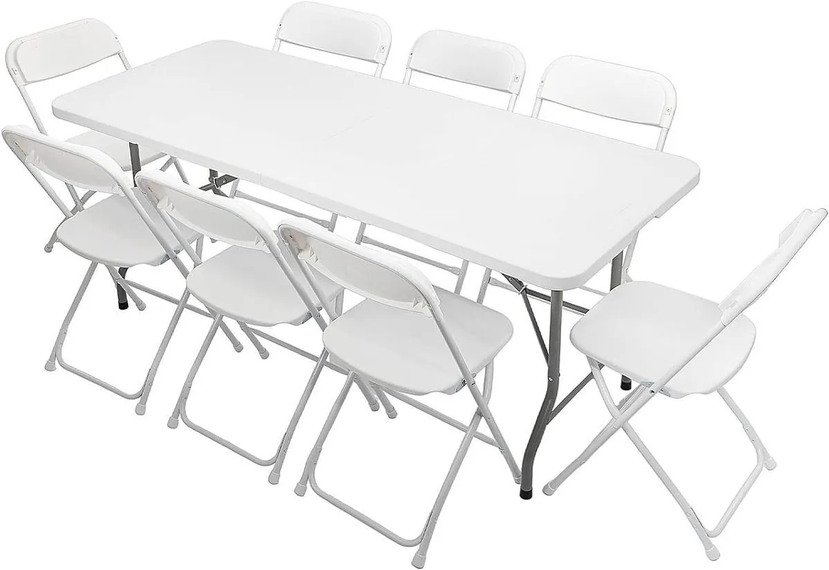 1 6ft table & 6 white chairs