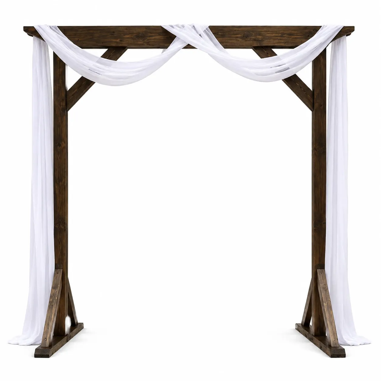 Rustic Wooden Wedding Arch with White Draping – 7′ × 7′