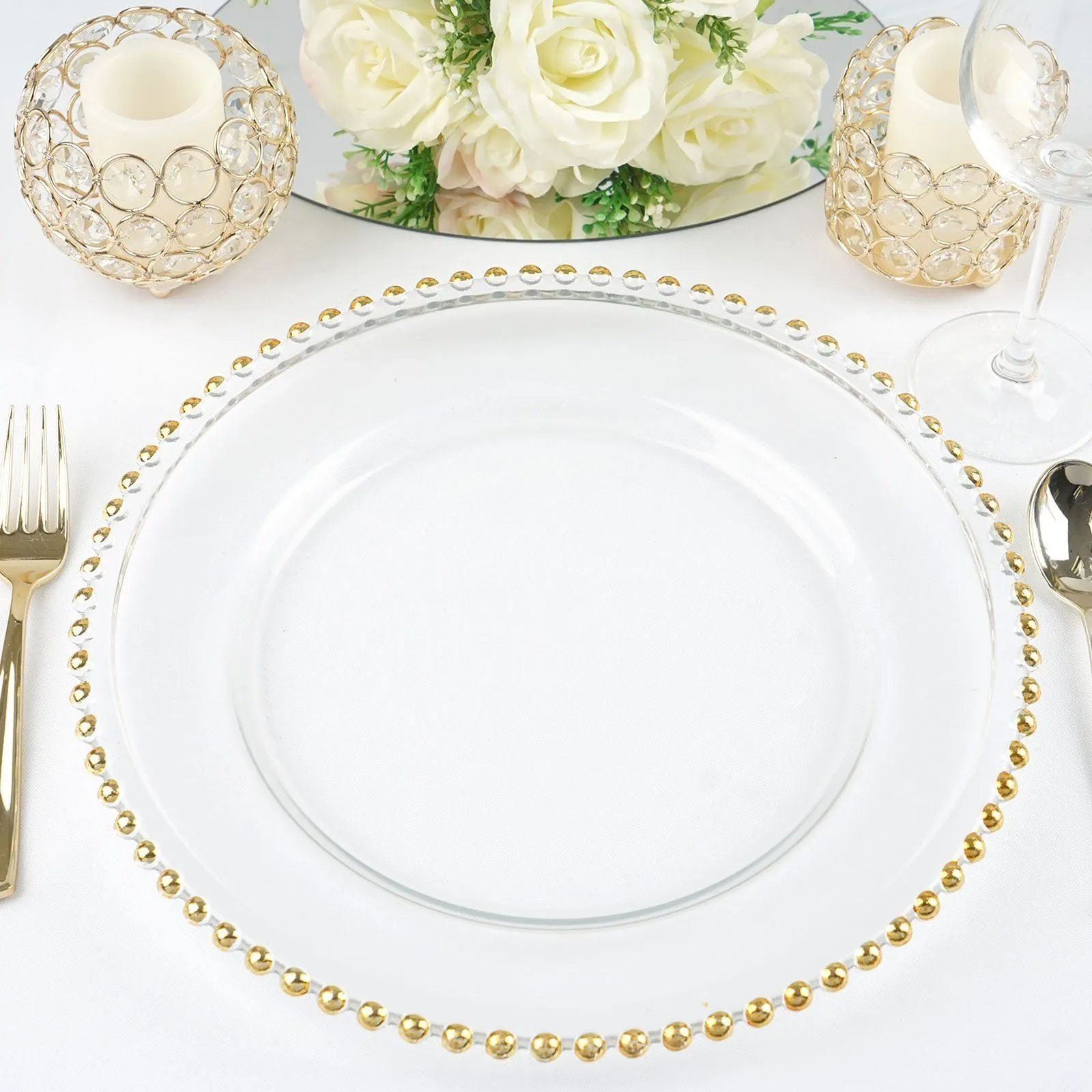 Clear Charger Plate with Gold Bead Rim