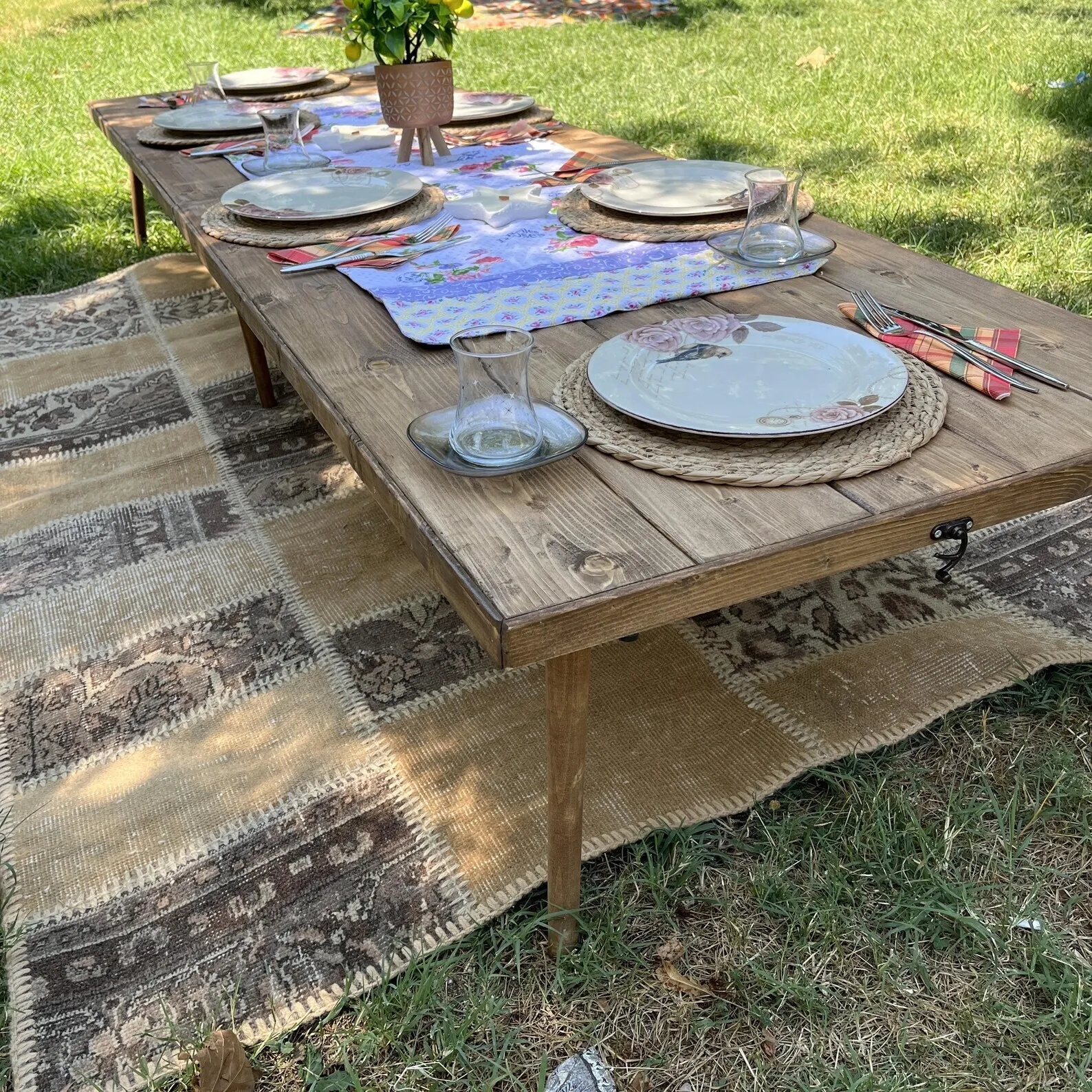 Long Rustic Low Picnic Table