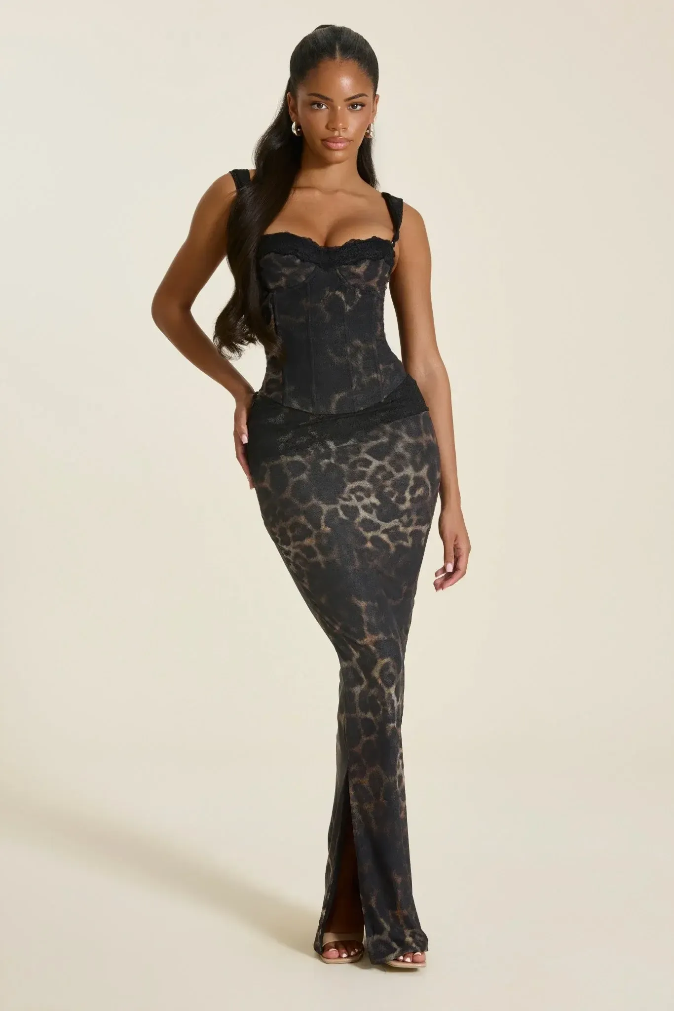 MARS THE LABEL Jayde Corset Top & Maxi Skirt - Leopard Print (HIRE)