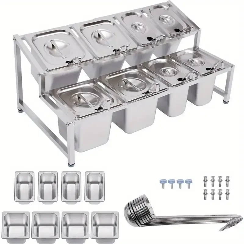 Condiment Container Dispenser with 8 Pans & Lids, Stainless Steel 