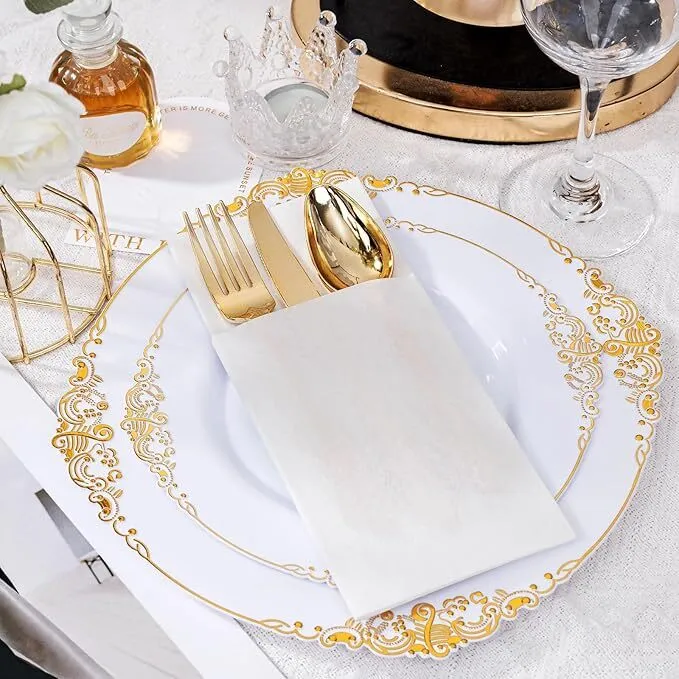 100PCS White Paper Napkins with Built-in Flatware Pocket