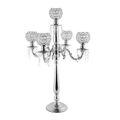 5 Arms Tall Floor Crystal Candlestick Holder, Silver