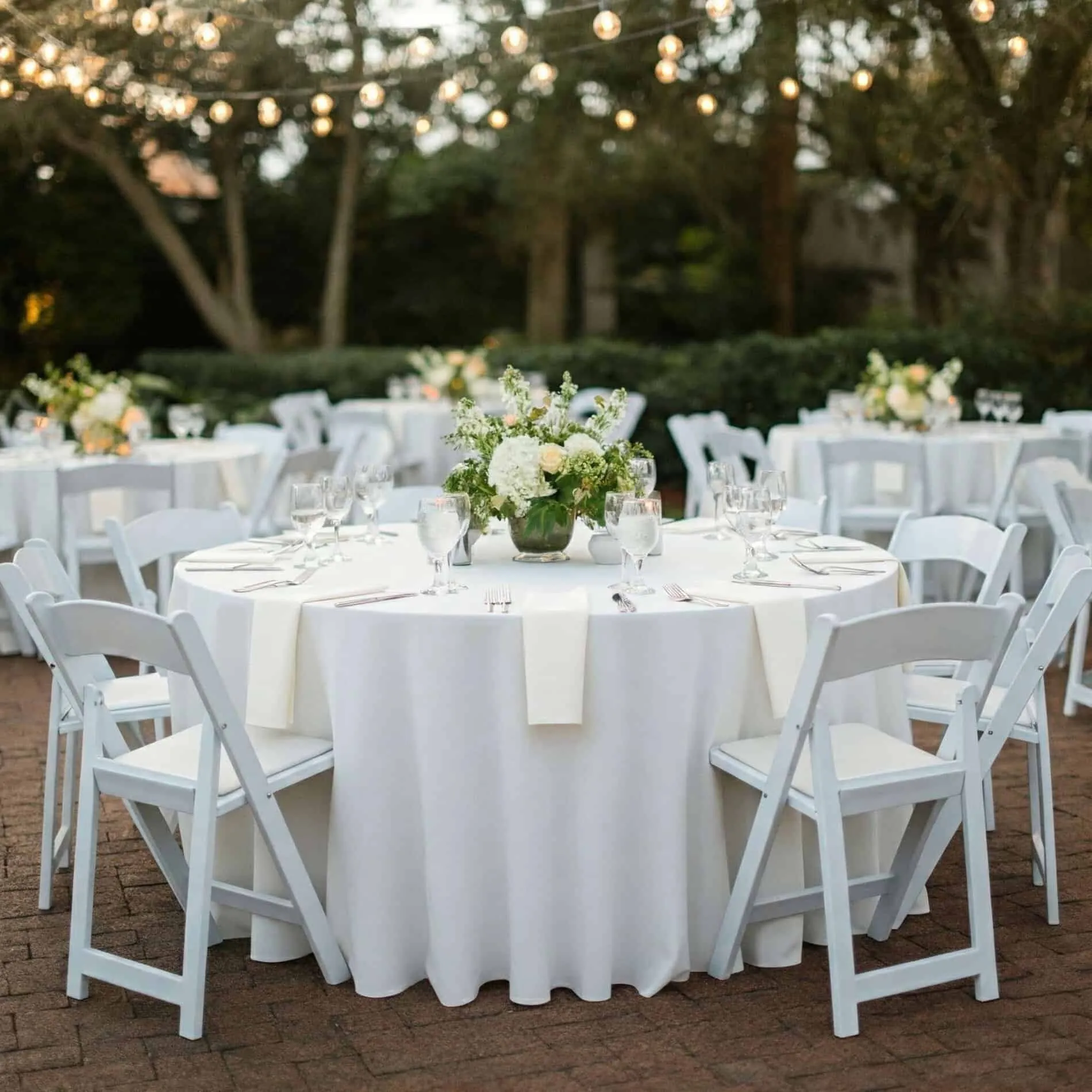 Round (60") Tables, Chairs (Resin) with Tablecloths for 24 Bundle