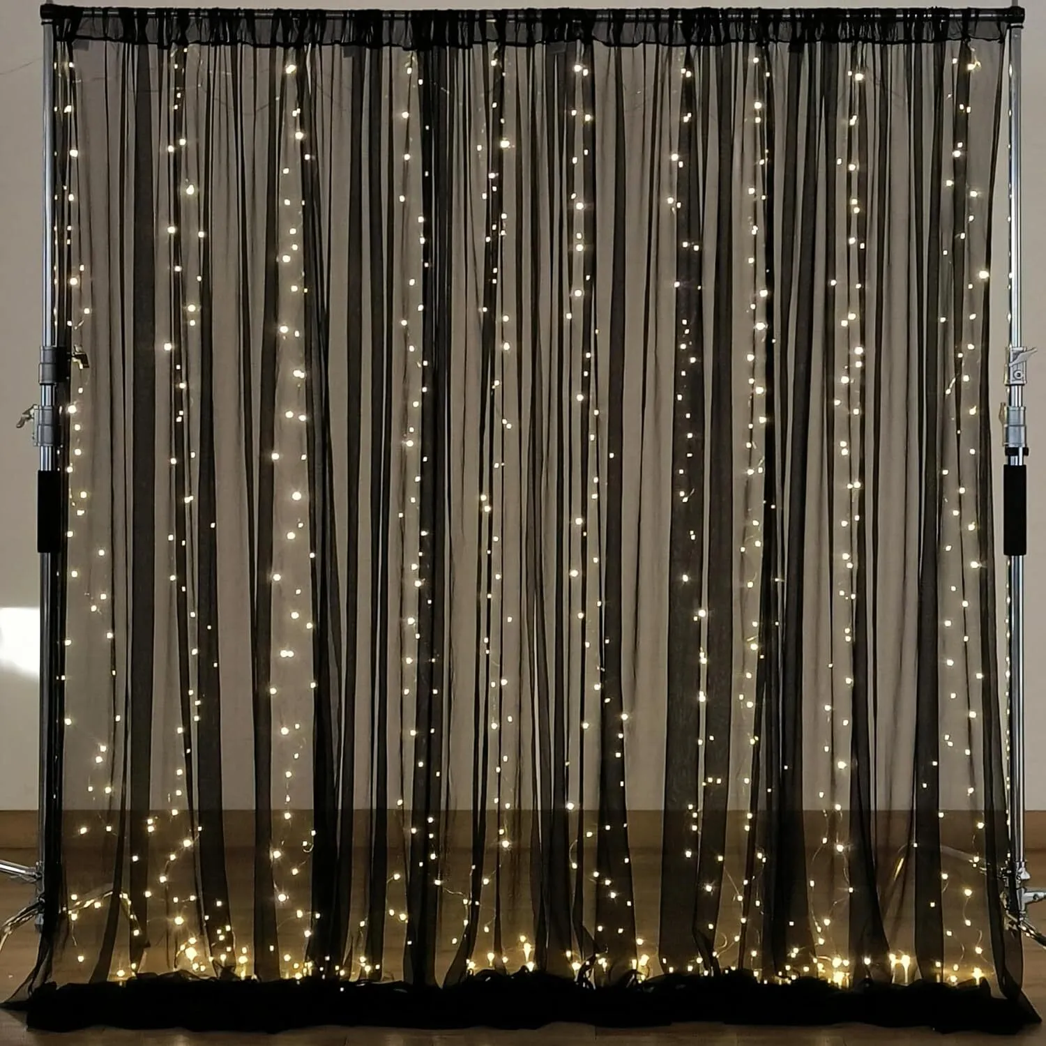 Black Tulle Sheer Curtain With Lights (10' x 10')