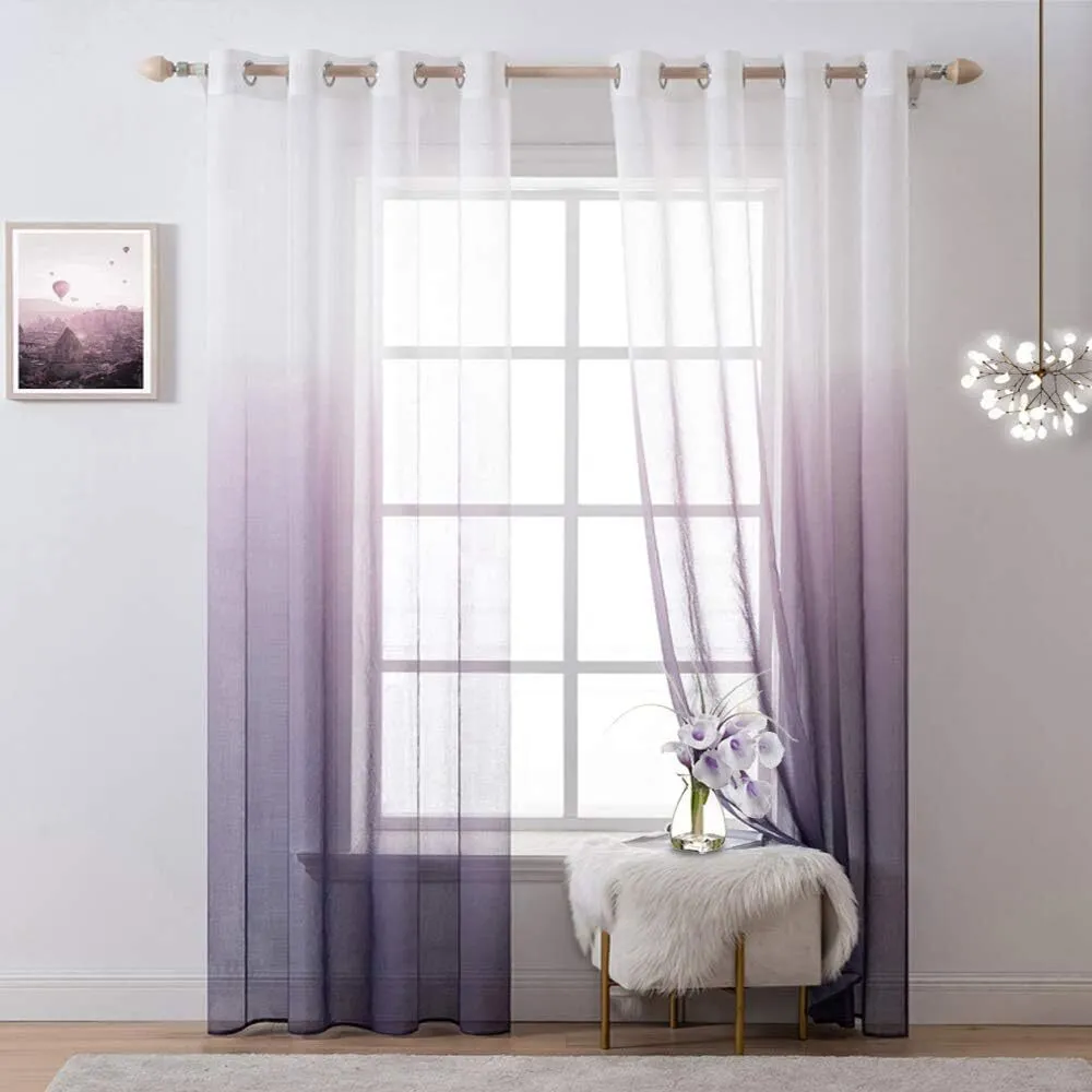 White & Purple Ombre Linen Sheer Curtains