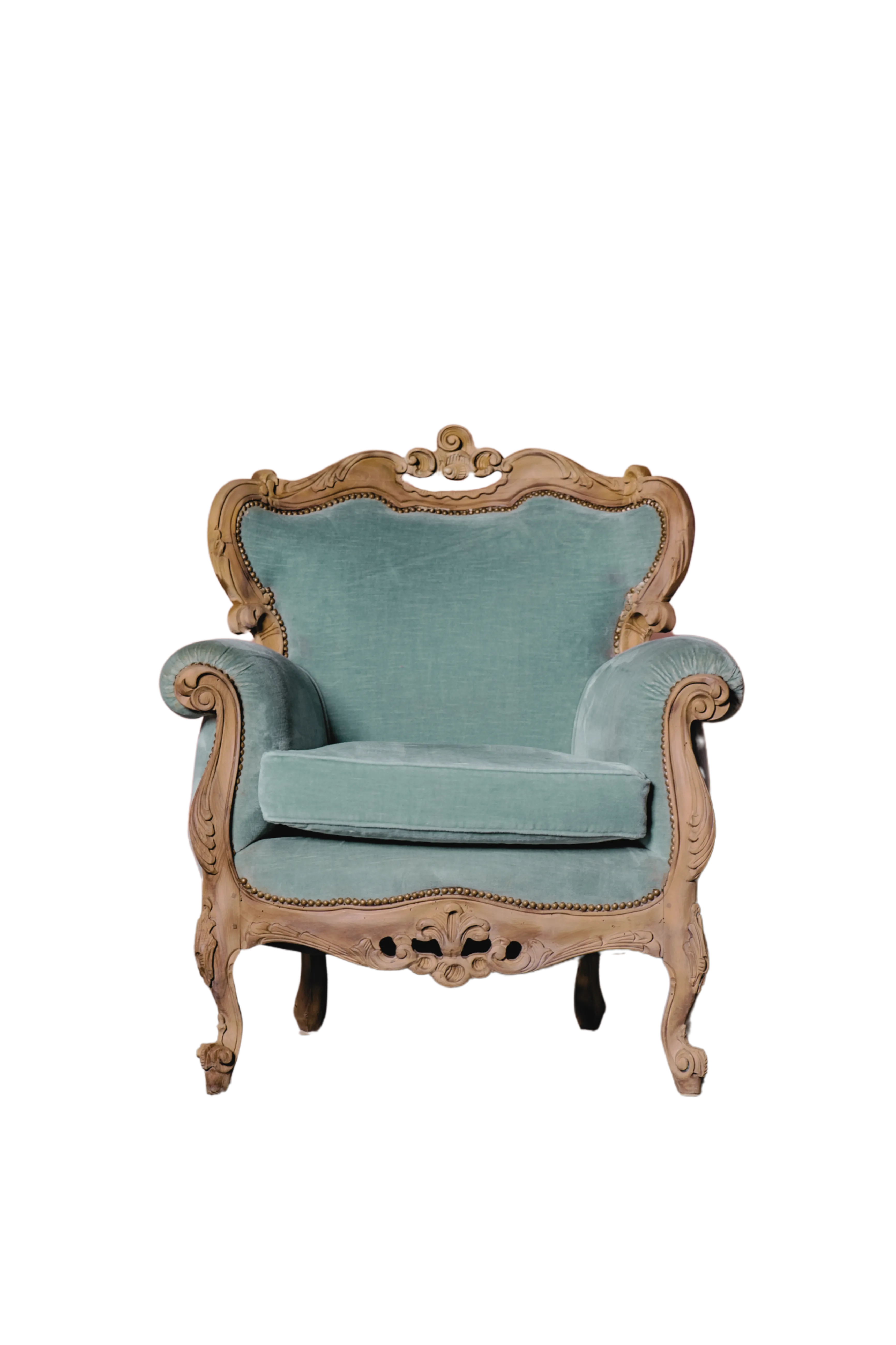 DAMERINA - Poltrona in velluto azzurra struttura in legno lavorato