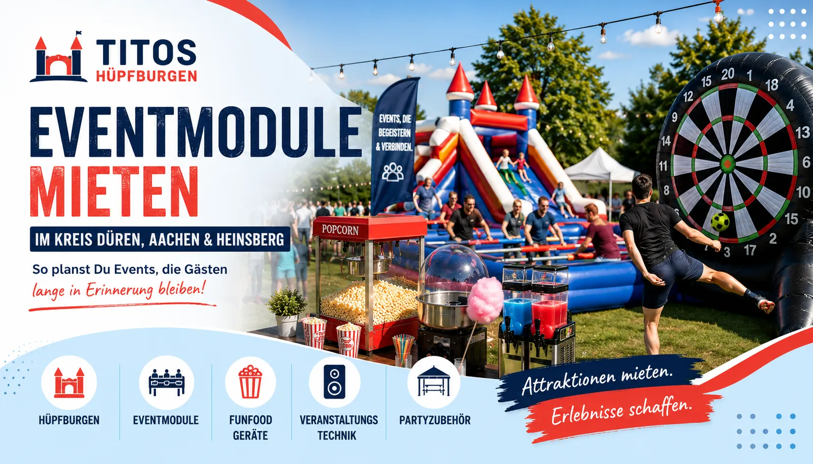 Eventmodule wie Fußballdart, Rodeo Bullriging, Popcornmaschinen und Hindernisparcours