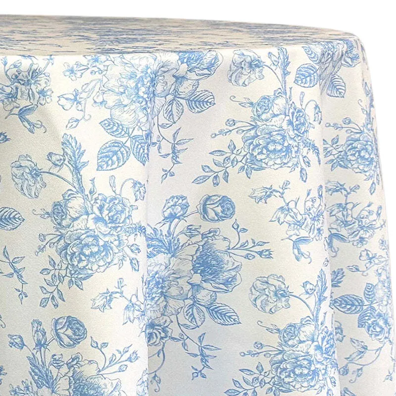 120'' Round French Toile (Poly Print) Table Linen in Lt Blue