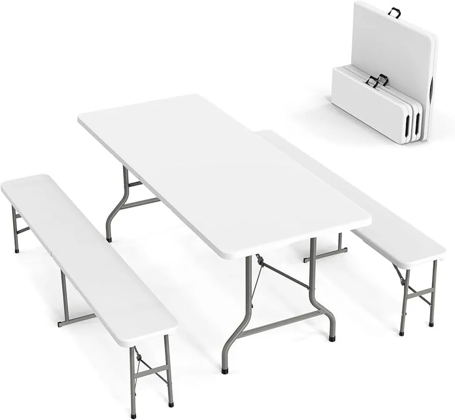 Picnic Table Set with 2 Benches, 6 Feet Table Chair Set, 3-Piece Folding Furniture for Indoor or Outdoor Use, Smooth Tabletop, White