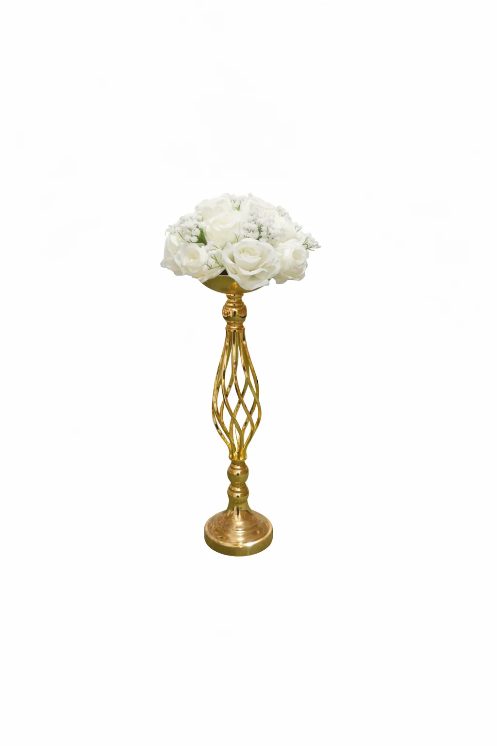 Centre de table doré avec bouquet de roses blanches