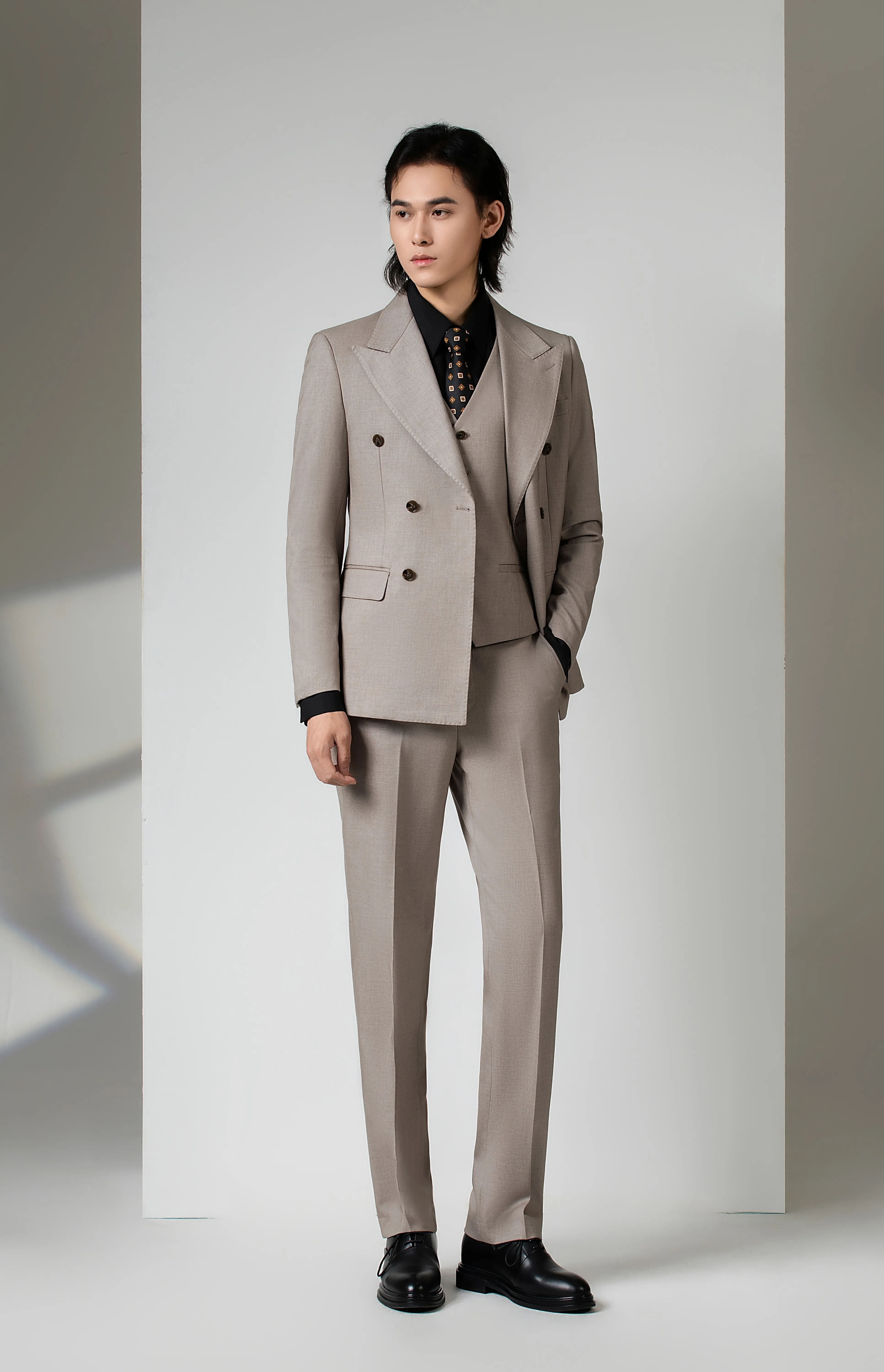 Greige Double-Breasted Three-Piece Tuxedo