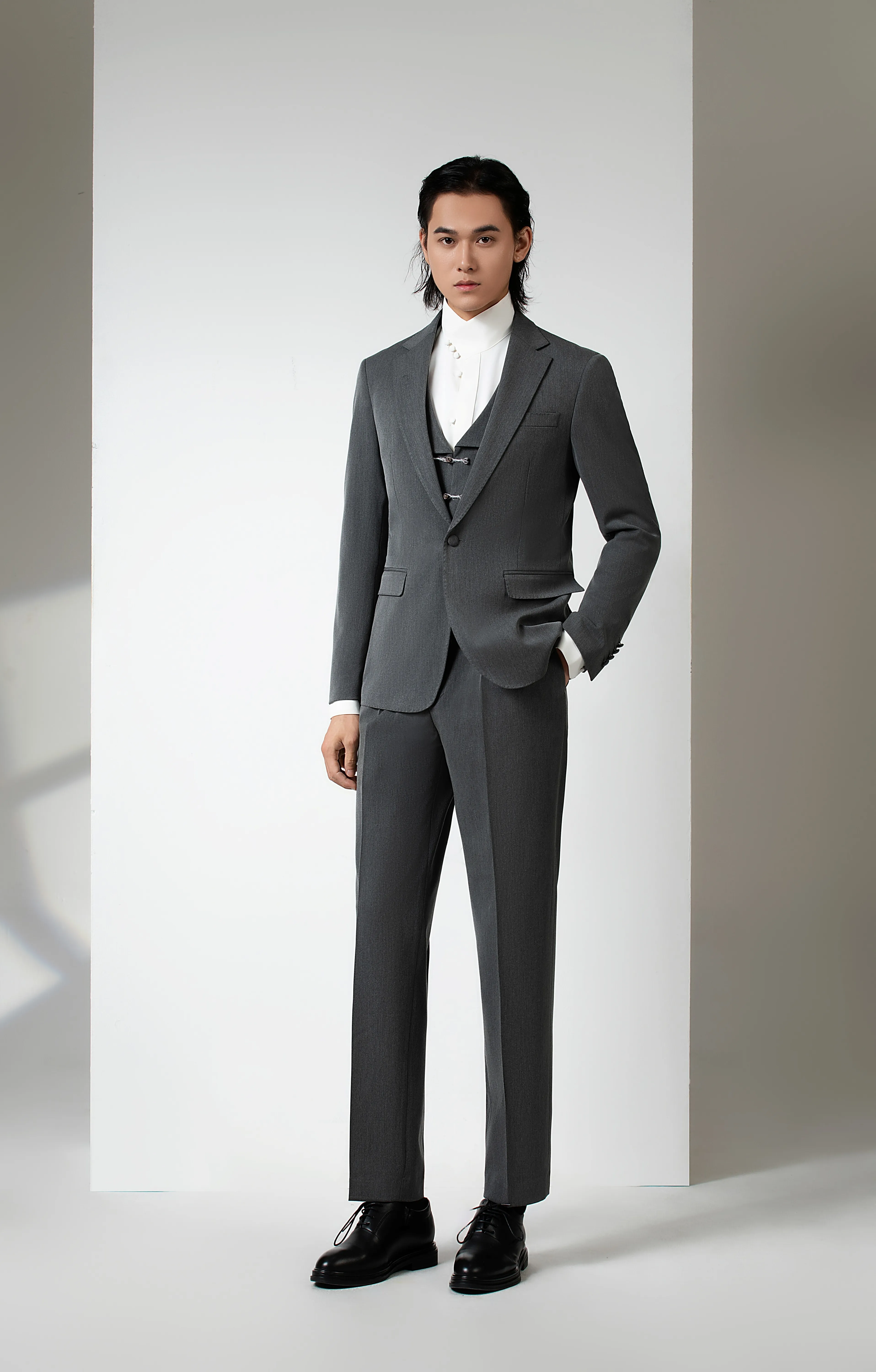 Charcoal Grey Modern Chinese Three-Piece Tuxedo