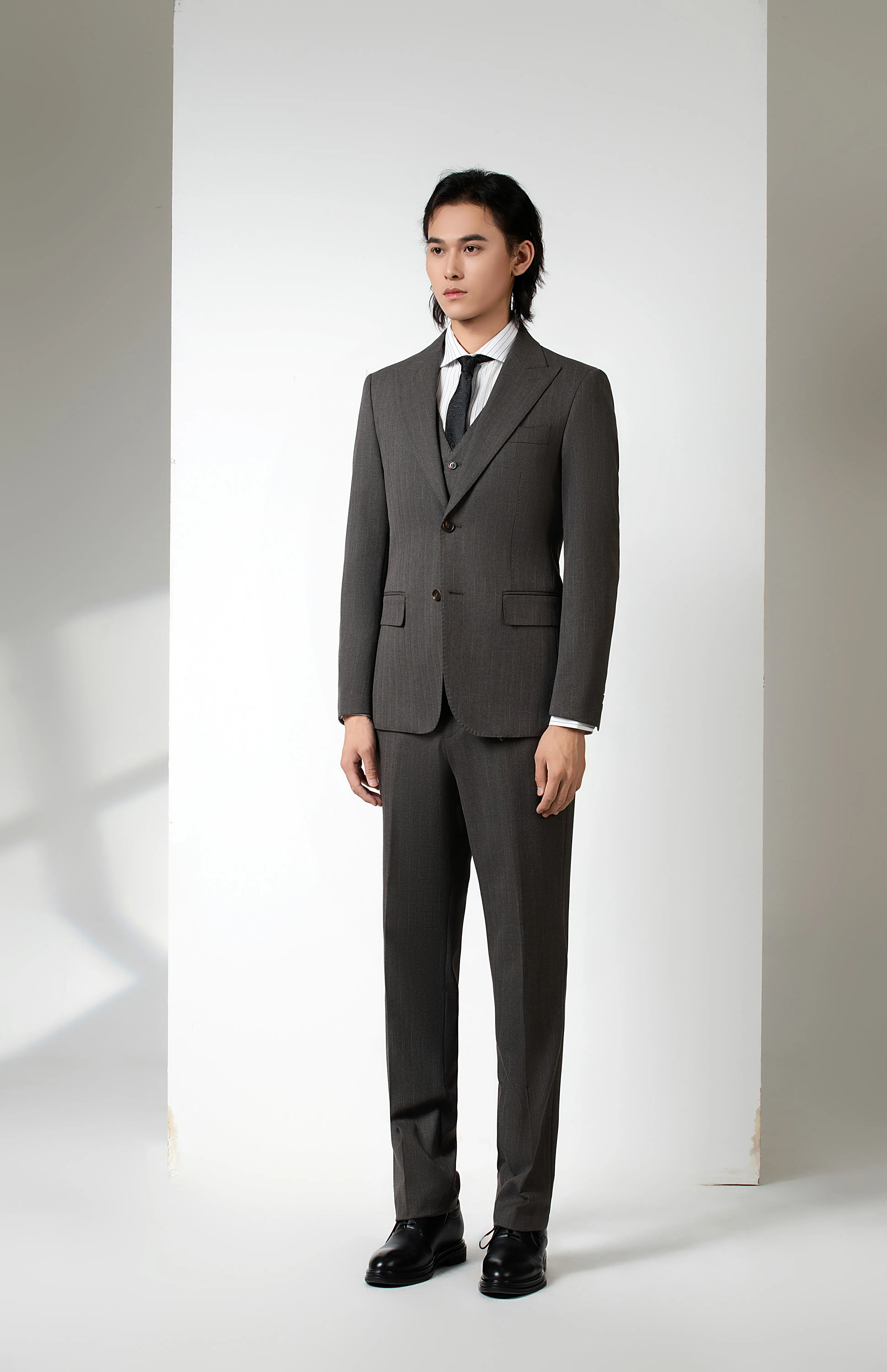 Charcoal Brown Textured Notch-Lapel Three-Piece Suit