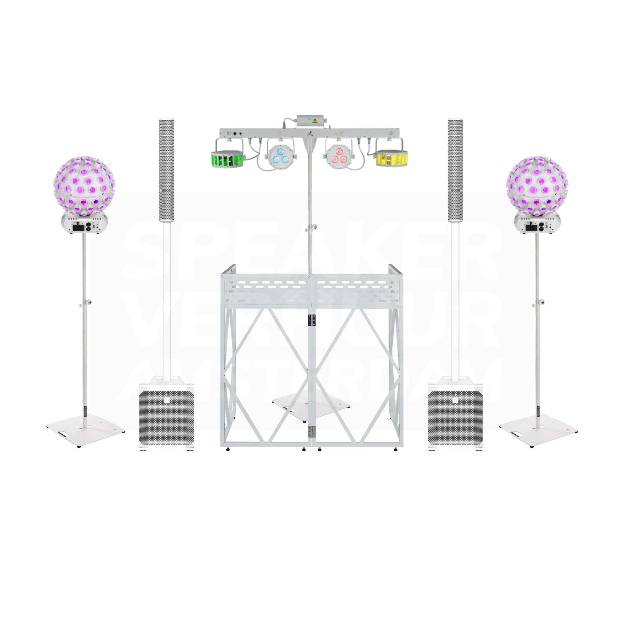 Complete licht en geluid set 60 personen wit huren