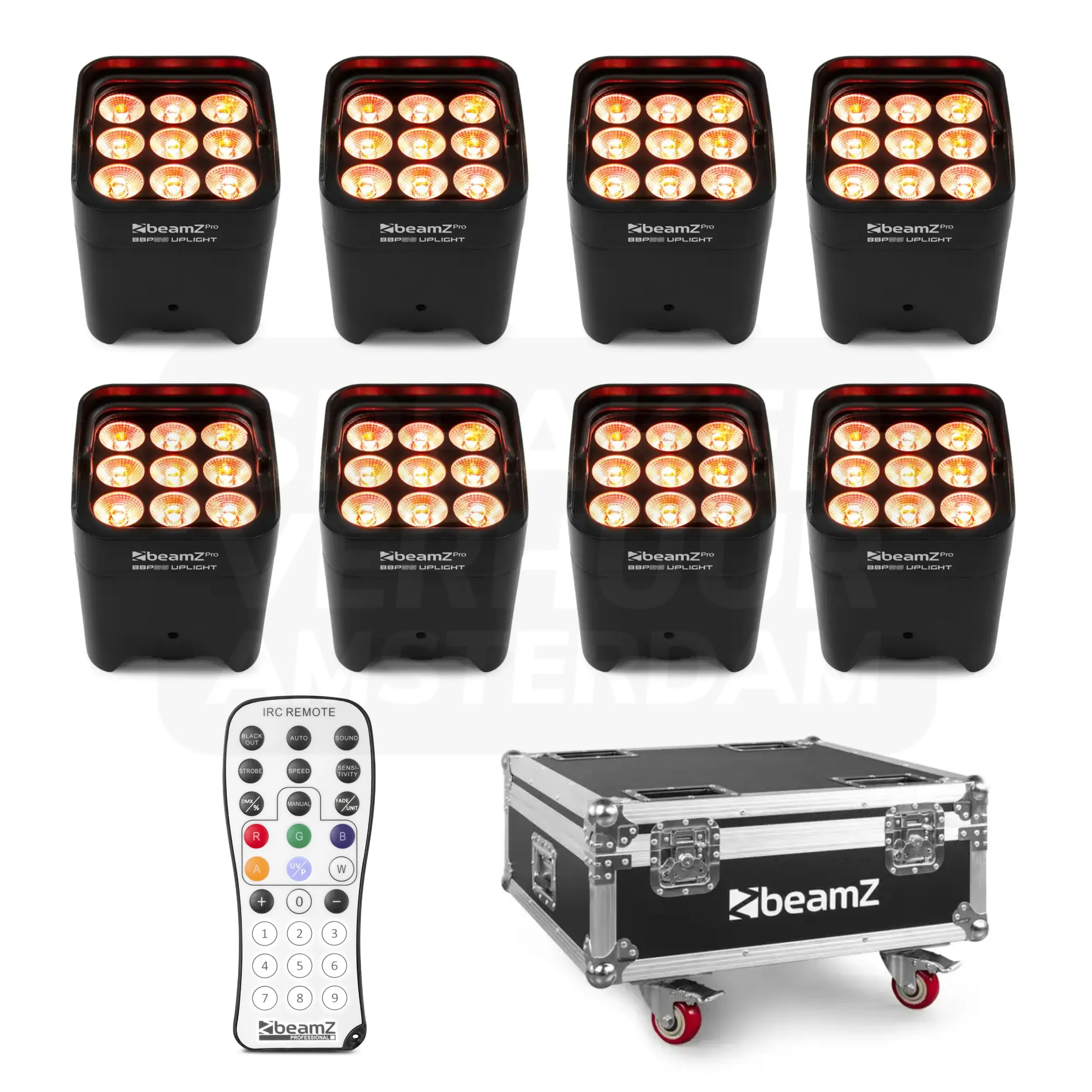 Professionele Accu Uplight set 8 stuks - LED Spots (108 watt, Waterdicht IP65, RGBWA-UV, Flightcase) huren