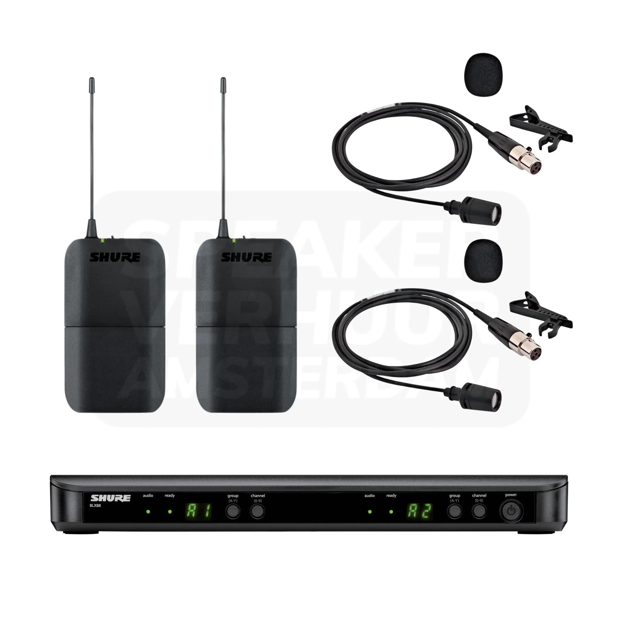 Shure BLX288E/CVL draadloze lavalier dasspeld microfoon set x2 huren