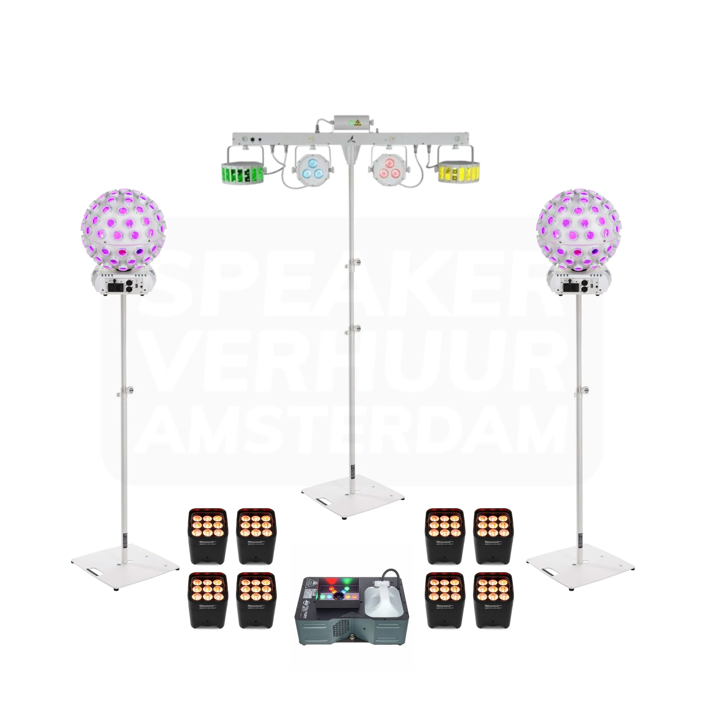 Disco licht set wit + uplights + rookmachine huren