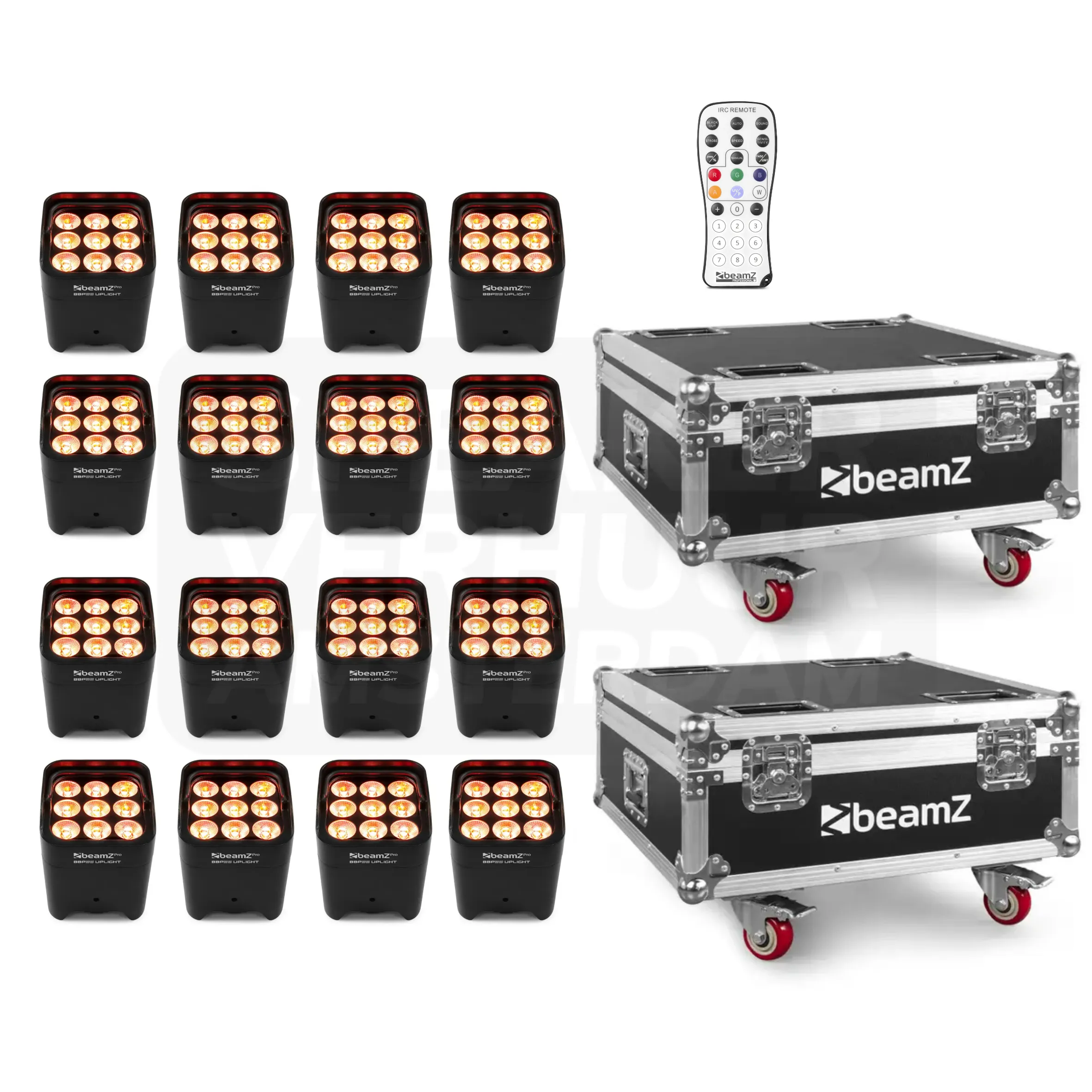 Professionele Accu Uplight set 16 stuks - LED Spots (108 watt, Waterdicht IP65, RGBWA-UV, Flightcase) huren