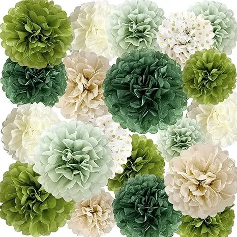 Sage Green & Neutral Tissue Paper Pom Poms Boho Flowers