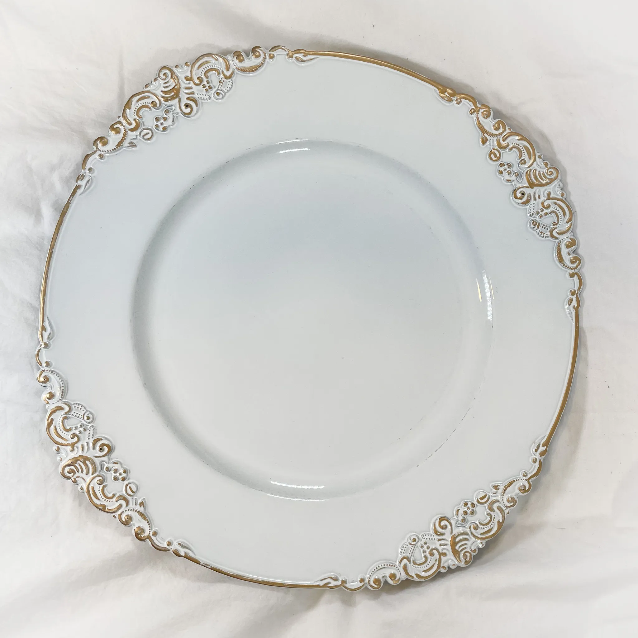 Vintage Round Charger Plate, White w/Gold Trim