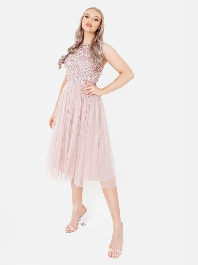 Pink Halter Neck Embellished Waist Dress