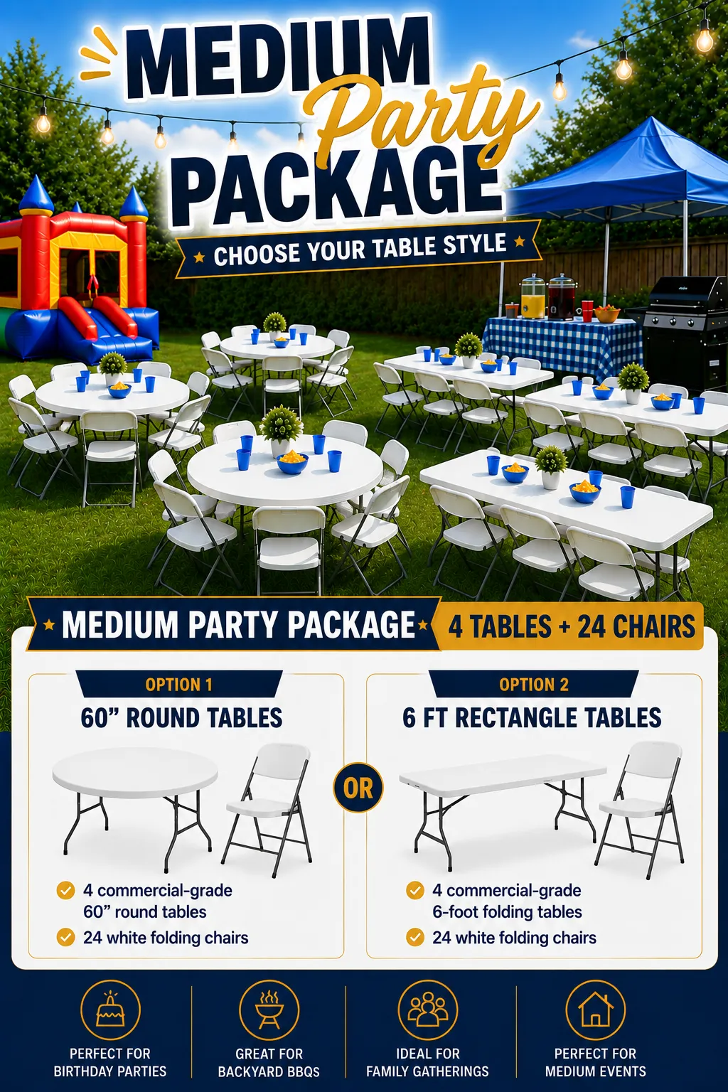 Medium Party Package (4 Tables + 24 Chairs)