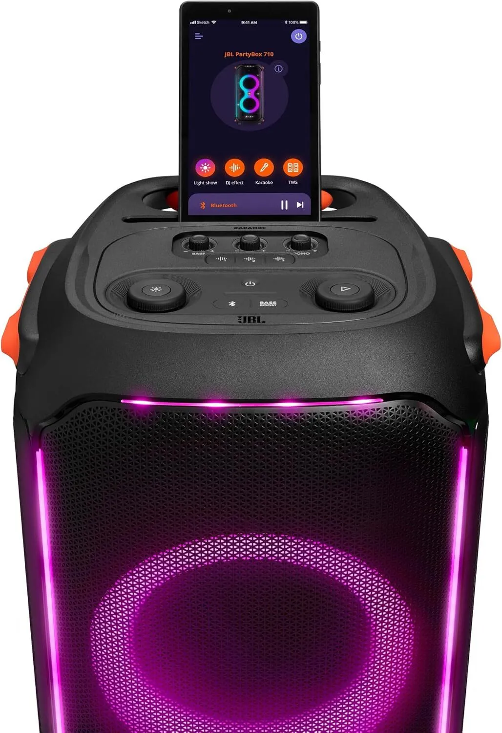 JBL PartyBox710 – Enceinte de Soirée Bluetooth portable au basses profondes avec lumières intégrées – Design étanche IPX4 – Roues robustes – Noir