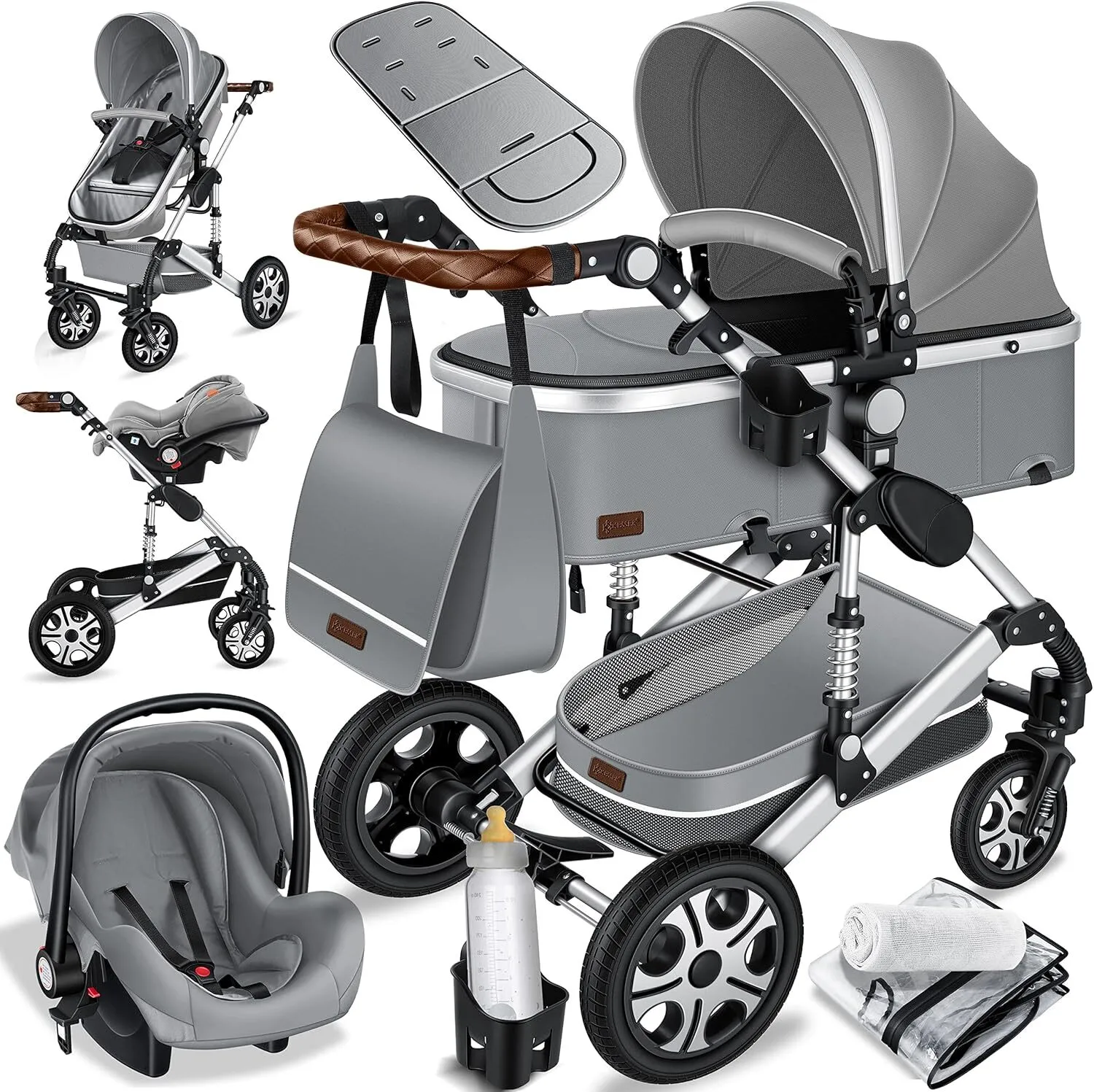 KESSER® Loops 3 en 1 Poussette combinée set complet incl. baignoire bébé & buggy siège sport & siège auto pour bébé - pneus pleins - sac à langer/pare-pluie/table d'enfant set (Gris Asphalte/Argent)