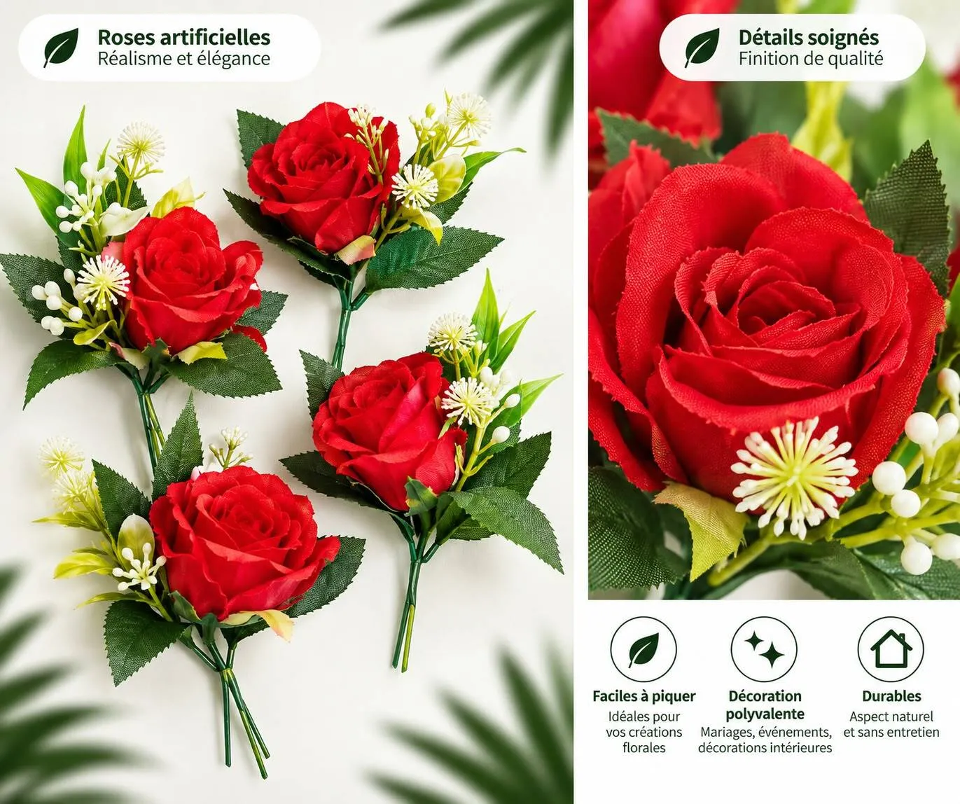 Roses artificielles pour décoration - Lot de 10 roses rouges
