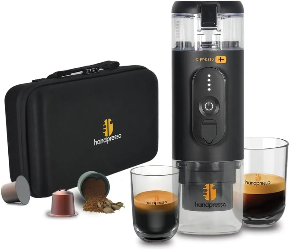 Handpresso - cafetiere portable E-PRESSO+ et sa valise - machine a cafe portable batterie USB | réservoir 90 ml | batterie 3x2,9 mA | Cafetiere de voyage capsules expresso ou café moulu